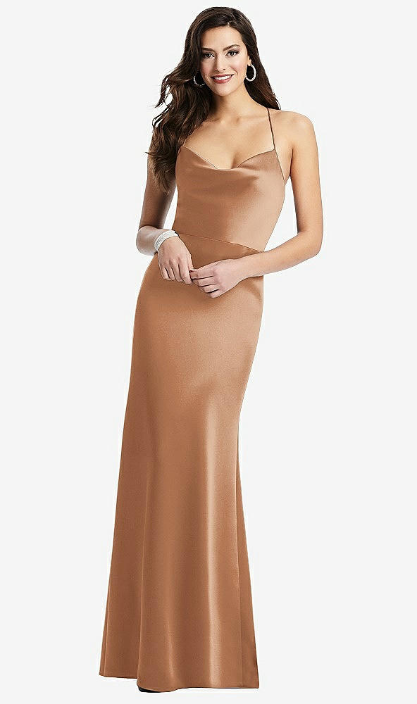 Front View - Toffee Cowl-Neck Criss Cross Back Slip Dress