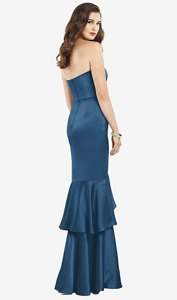 Back View - Dusk Blue Strapless Tiered Ruffle Trumpet Gown