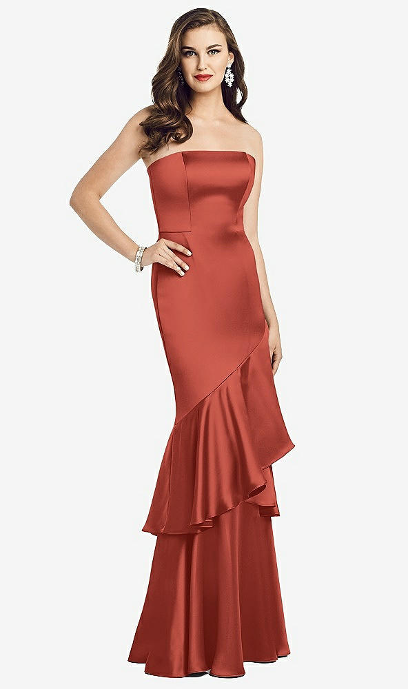 Front View - Amber Sunset Strapless Tiered Ruffle Trumpet Gown