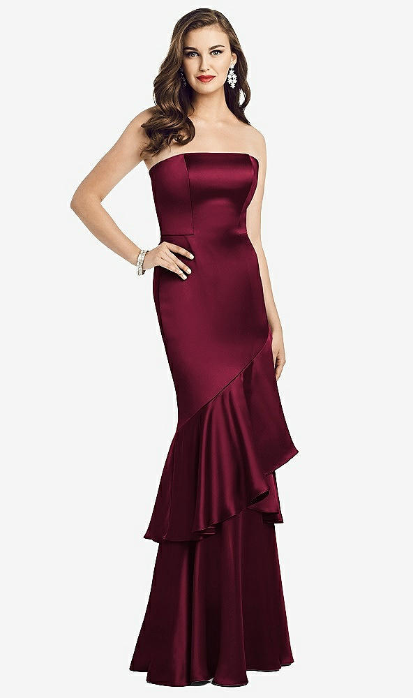 Front View - Cabernet Strapless Tiered Ruffle Trumpet Gown