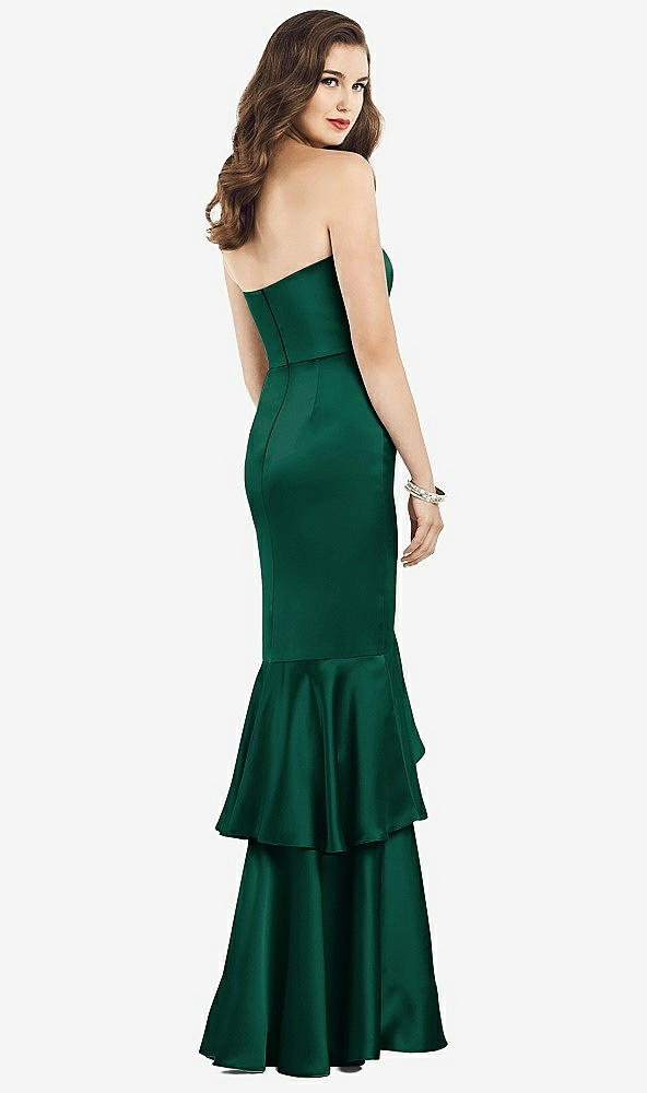 Back View - Hunter Green Strapless Tiered Ruffle Trumpet Gown
