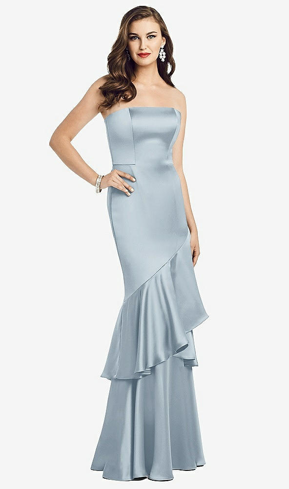 Front View - Mist Strapless Tiered Ruffle Trumpet Gown