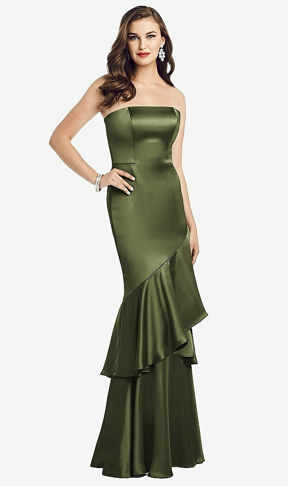 Front View - Olive Green Strapless Tiered Ruffle Trumpet Gown