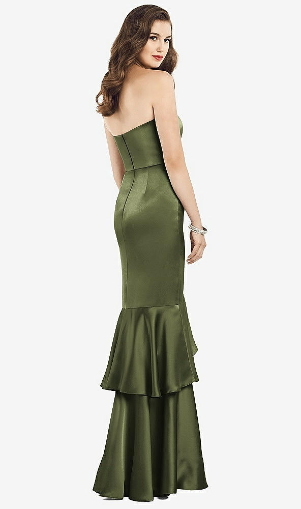Back View - Olive Green Strapless Tiered Ruffle Trumpet Gown
