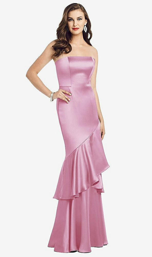 Front View - Powder Pink Strapless Tiered Ruffle Trumpet Gown