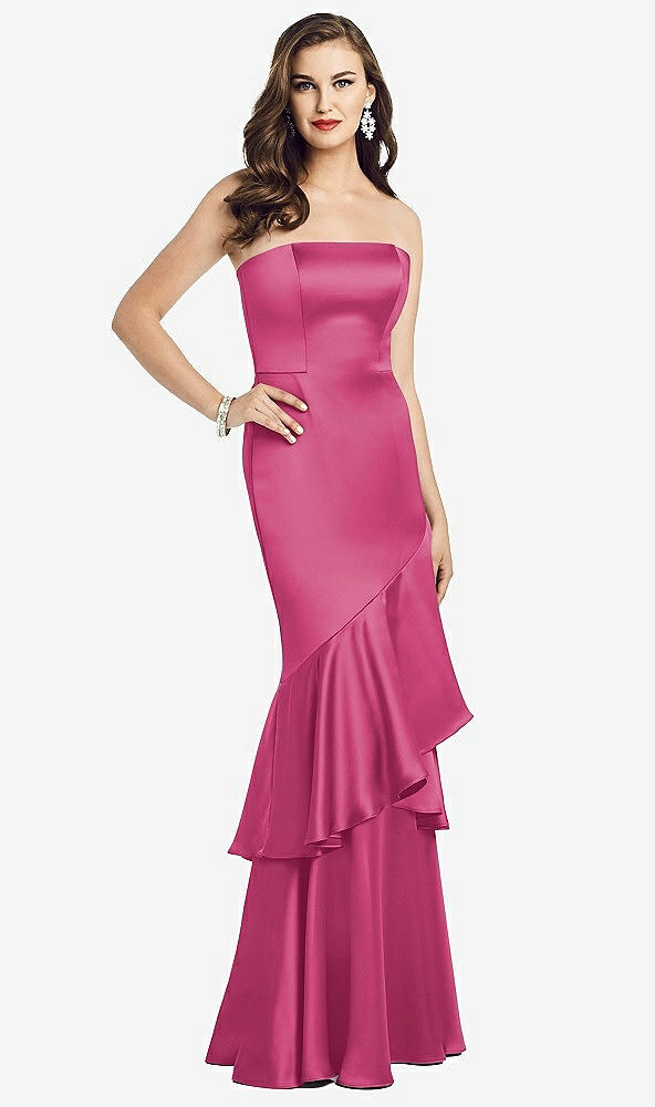 Front View - Tea Rose Strapless Tiered Ruffle Trumpet Gown