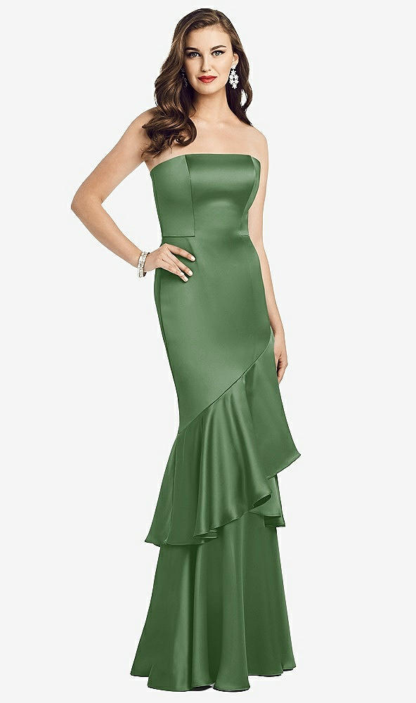 Front View - Vineyard Green Strapless Tiered Ruffle Trumpet Gown
