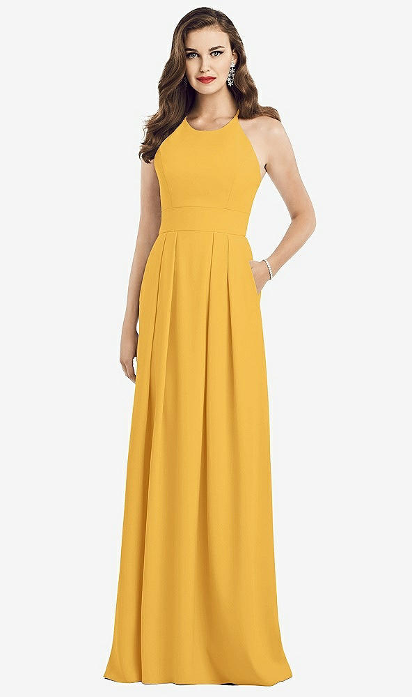 Front View - NYC Yellow Criss Cross Back Crepe Halter Dress with Pockets
