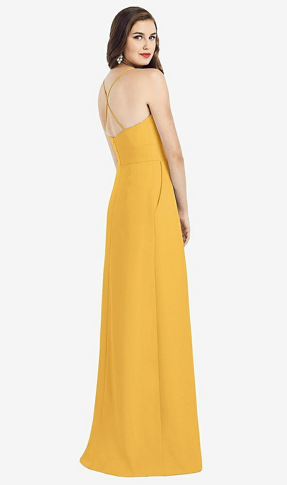 Back View - NYC Yellow Criss Cross Back Crepe Halter Dress with Pockets