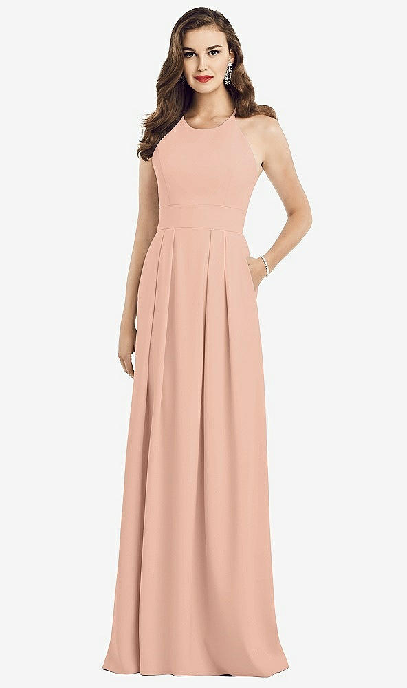 Front View - Pale Peach Criss Cross Back Crepe Halter Dress with Pockets