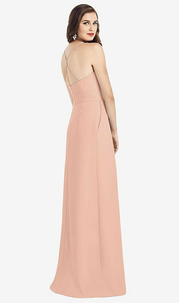 Back View - Pale Peach Criss Cross Back Crepe Halter Dress with Pockets