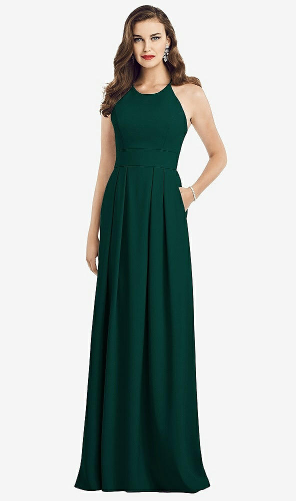 Front View - Evergreen Criss Cross Back Crepe Halter Dress with Pockets