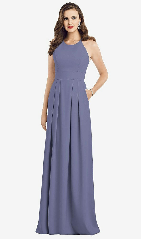 Front View - French Blue Criss Cross Back Crepe Halter Dress with Pockets