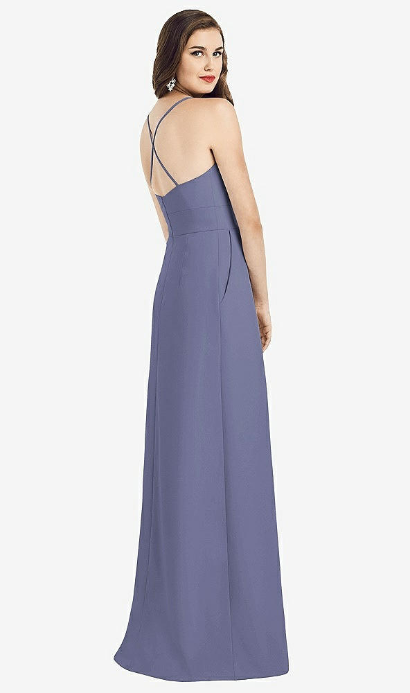 Back View - French Blue Criss Cross Back Crepe Halter Dress with Pockets