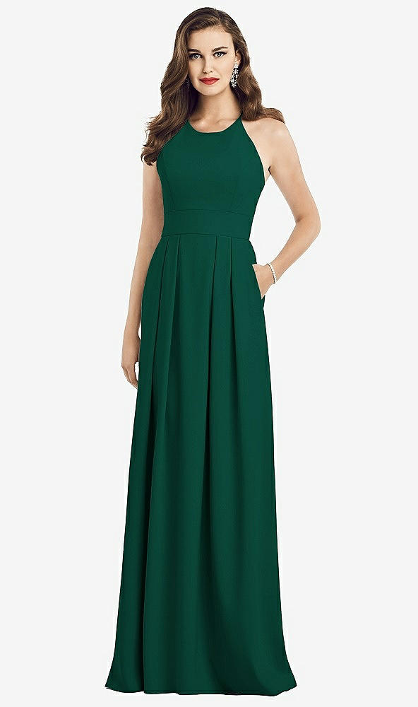 Front View - Hunter Green Criss Cross Back Crepe Halter Dress with Pockets