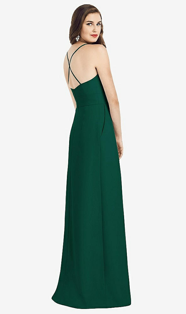 Back View - Hunter Green Criss Cross Back Crepe Halter Dress with Pockets