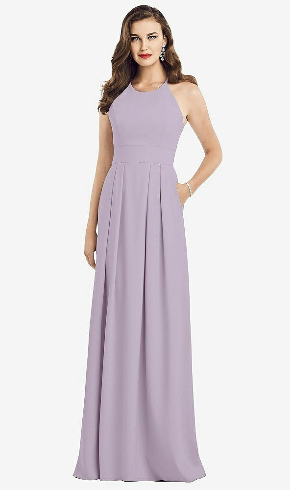 Front View - Lilac Haze Criss Cross Back Crepe Halter Dress with Pockets