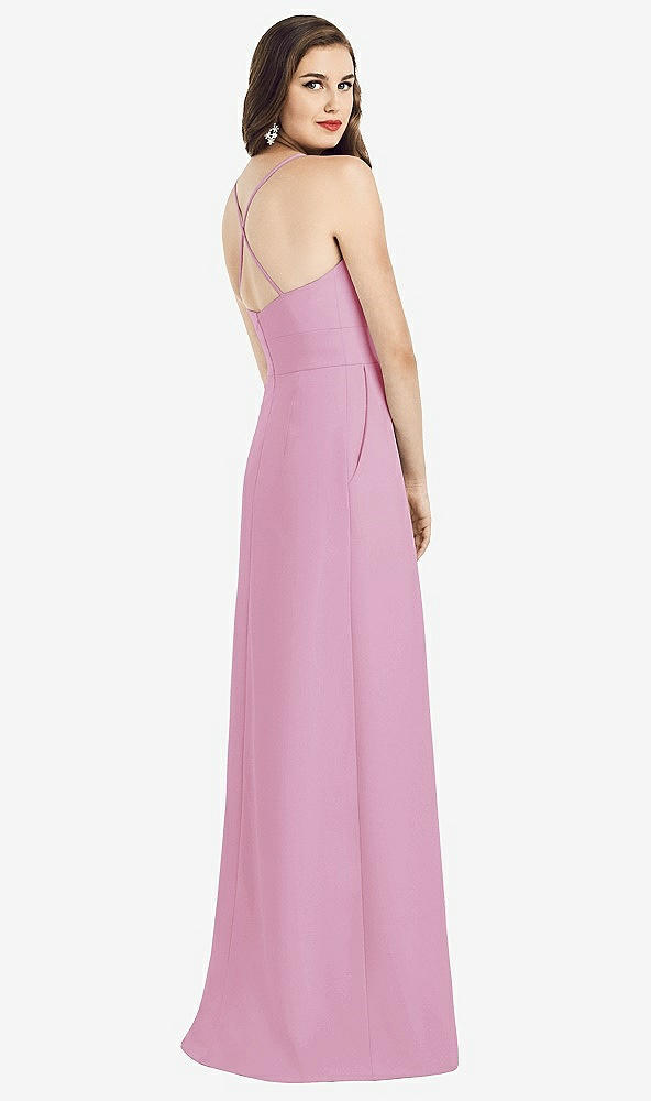 Back View - Powder Pink Criss Cross Back Crepe Halter Dress with Pockets