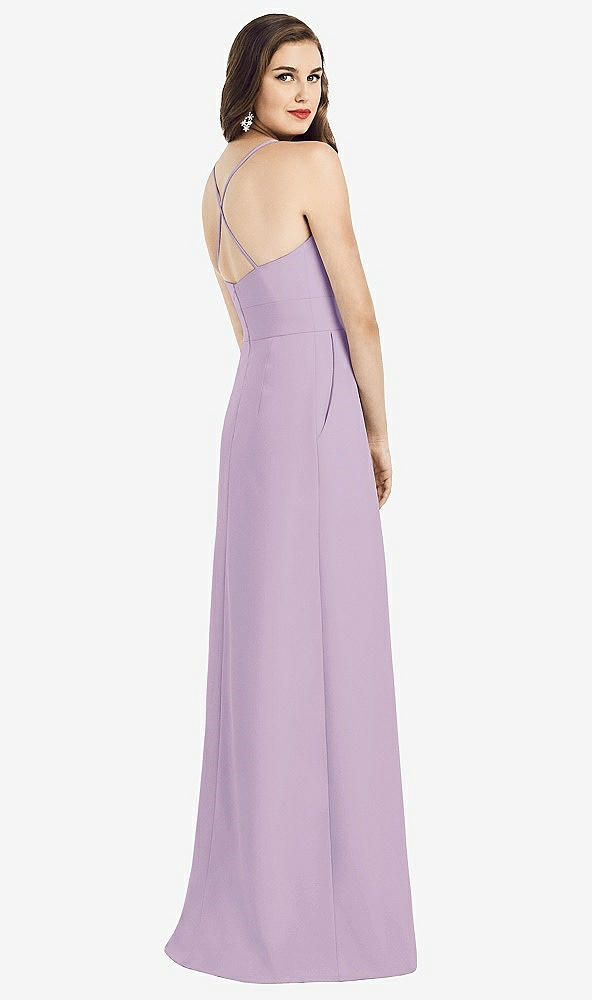 Back View - Pale Purple Criss Cross Back Crepe Halter Dress with Pockets
