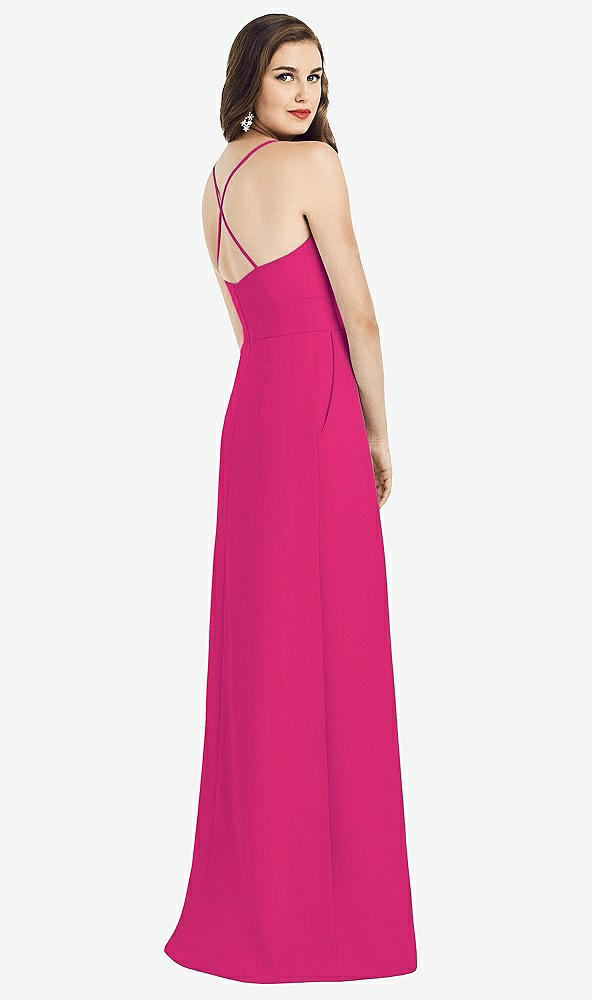 Back View - Think Pink Criss Cross Back Crepe Halter Dress with Pockets