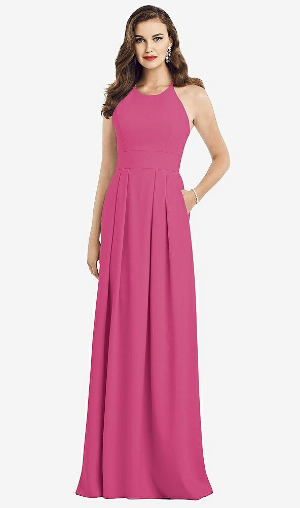 Front View - Tea Rose Criss Cross Back Crepe Halter Dress with Pockets