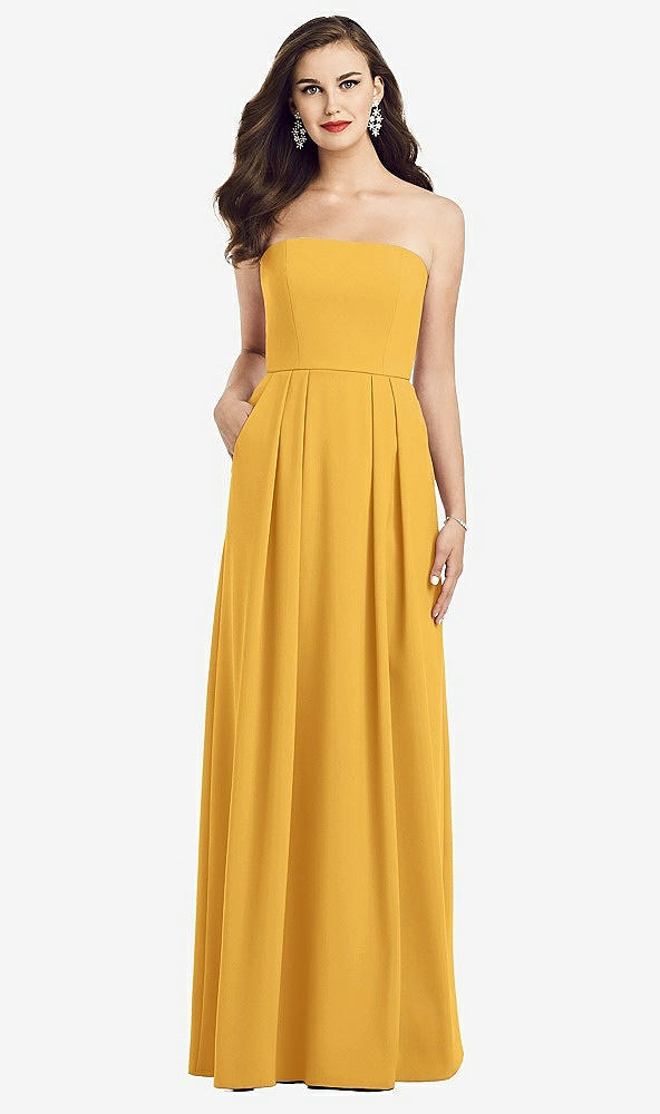 Front View - NYC Yellow Strapless Pleated Skirt Crepe Dress with Pockets