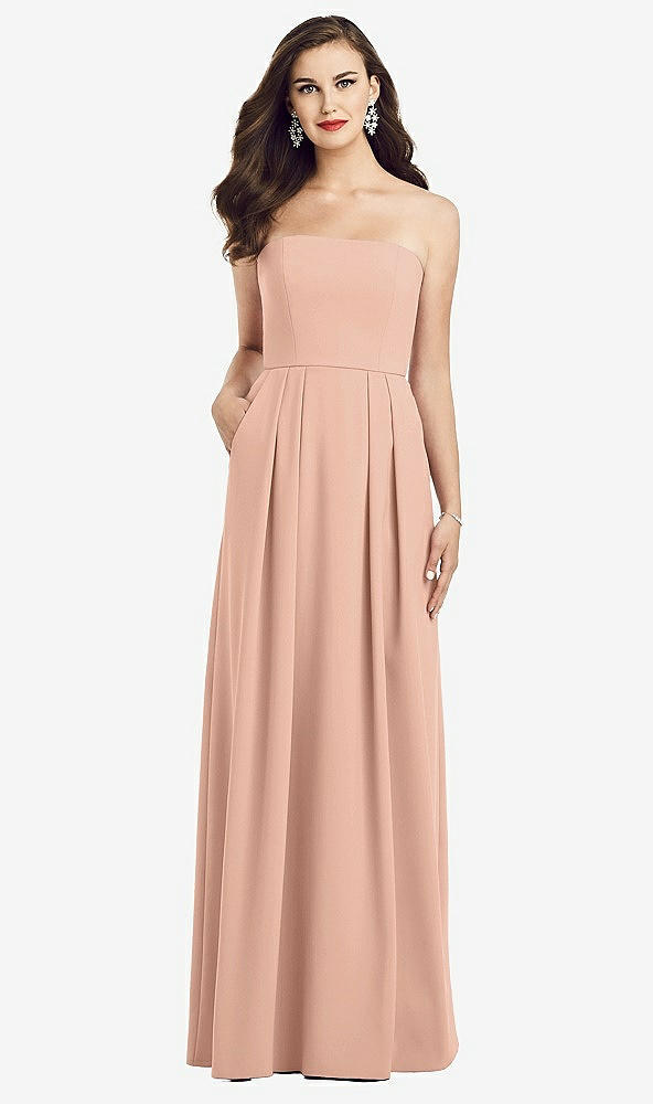 Front View - Pale Peach Strapless Pleated Skirt Crepe Dress with Pockets