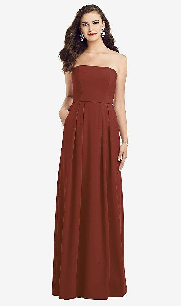 Front View - Auburn Moon Strapless Pleated Skirt Crepe Dress with Pockets