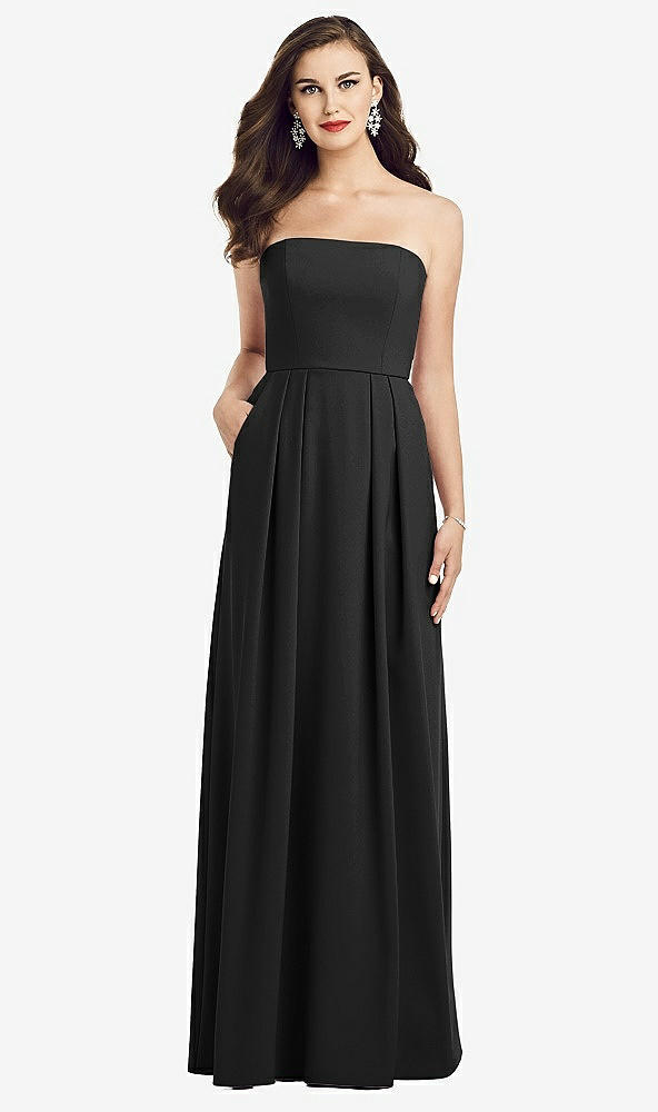 Front View - Black Strapless Pleated Skirt Crepe Dress with Pockets