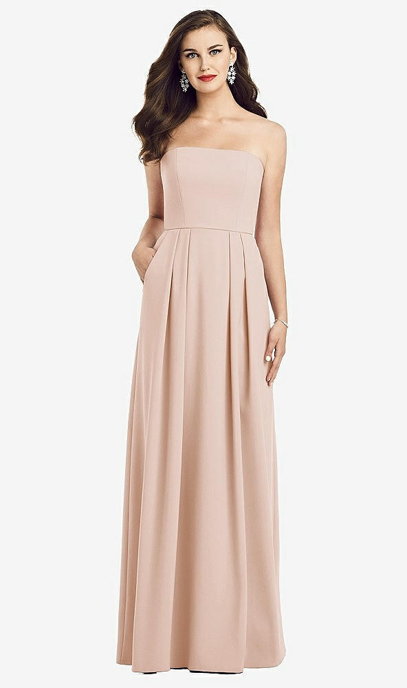Front View - Cameo Strapless Pleated Skirt Crepe Dress with Pockets