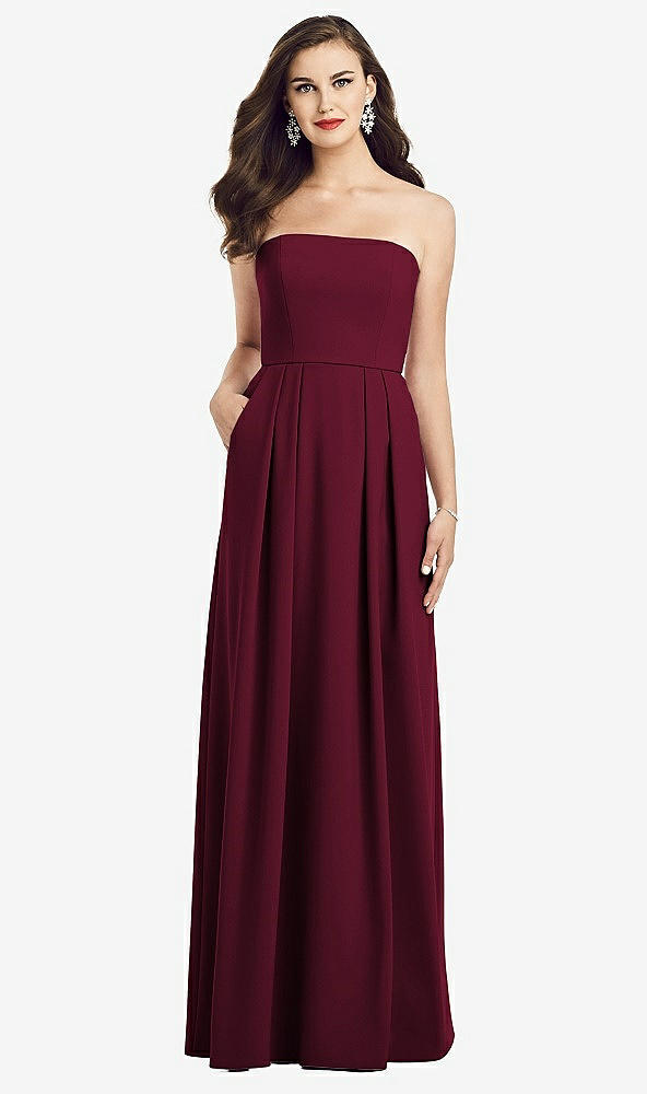 Front View - Cabernet Strapless Pleated Skirt Crepe Dress with Pockets