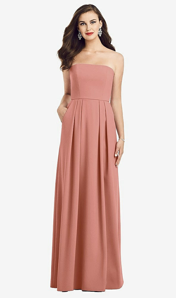 Front View - Desert Rose Strapless Pleated Skirt Crepe Dress with Pockets