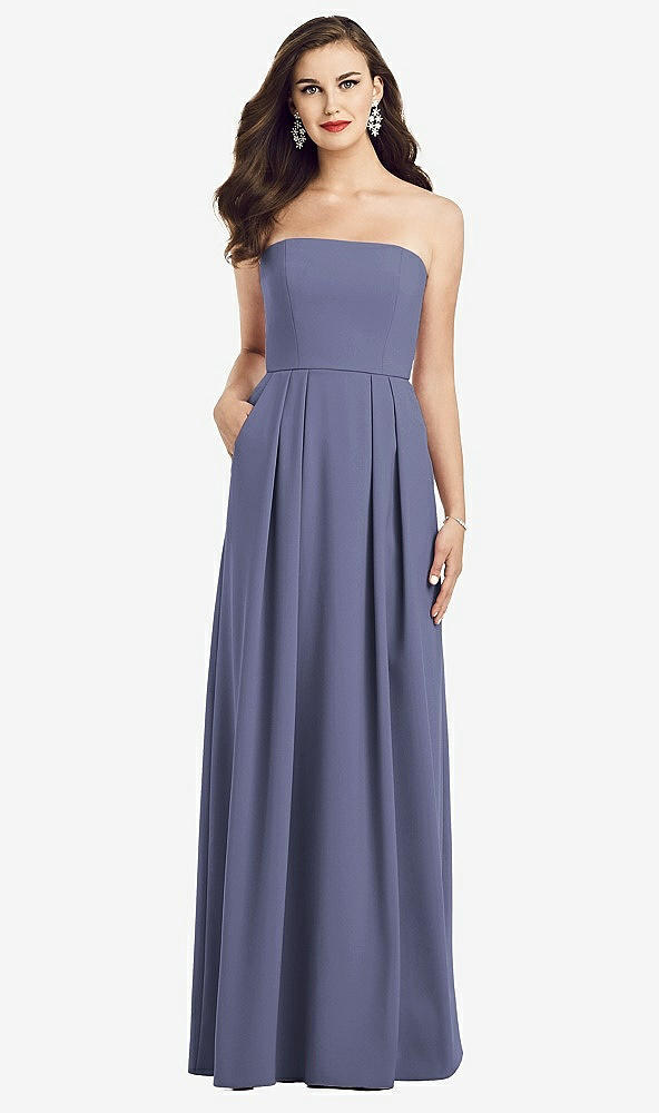 Front View - French Blue Strapless Pleated Skirt Crepe Dress with Pockets