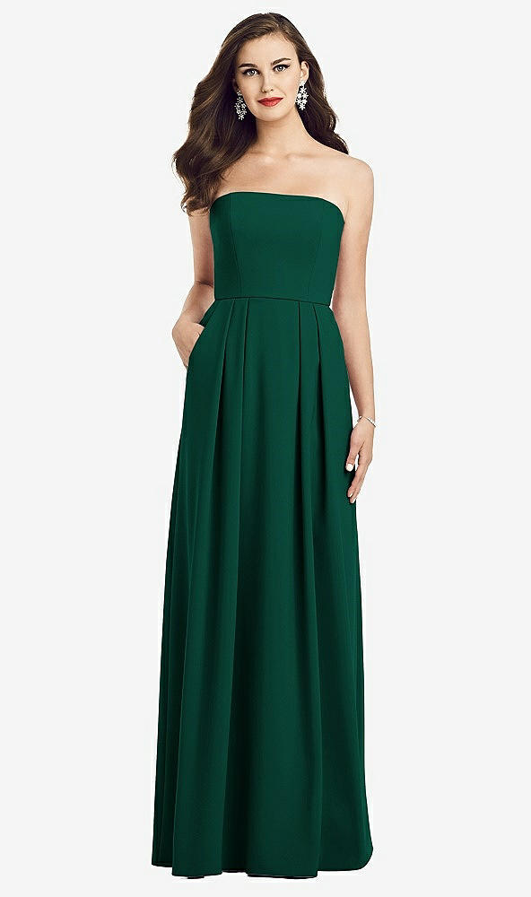 Front View - Hunter Green Strapless Pleated Skirt Crepe Dress with Pockets