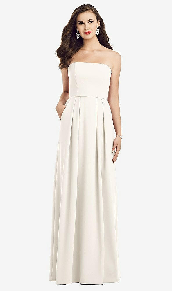 Front View - Ivory Strapless Pleated Skirt Crepe Dress with Pockets