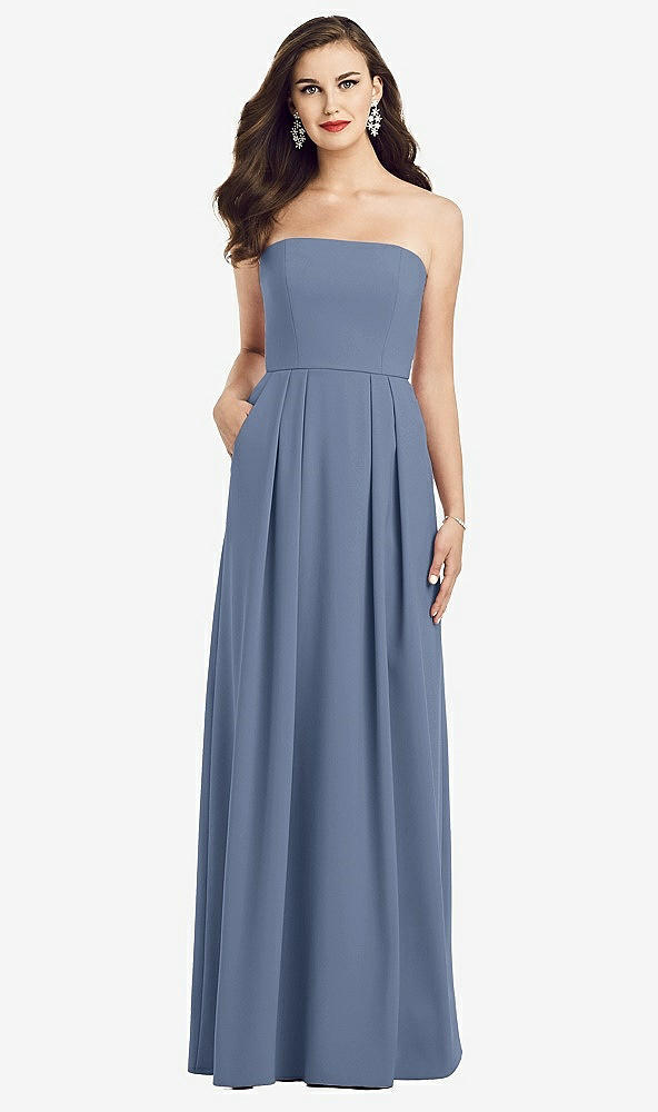 Front View - Larkspur Blue Strapless Pleated Skirt Crepe Dress with Pockets