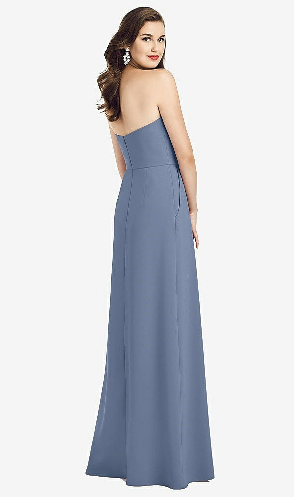 Back View - Larkspur Blue Strapless Pleated Skirt Crepe Dress with Pockets