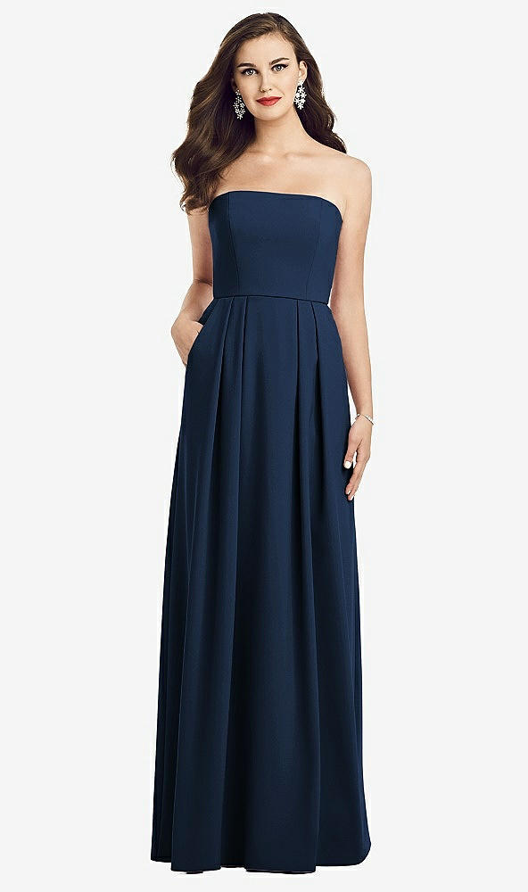 Front View - Midnight Navy Strapless Pleated Skirt Crepe Dress with Pockets