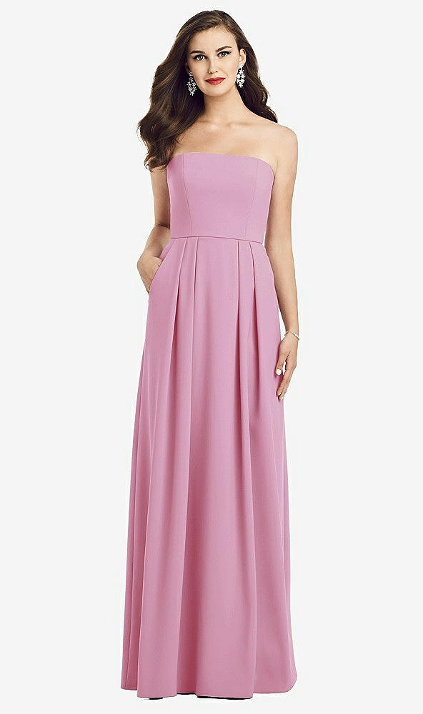 Front View - Powder Pink Strapless Pleated Skirt Crepe Dress with Pockets