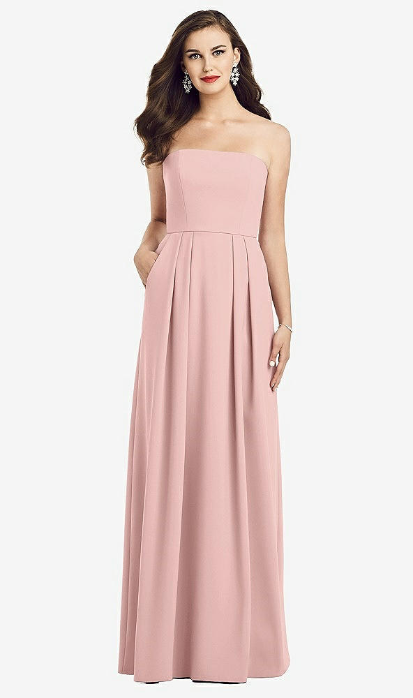 Front View - Rose - PANTONE Rose Quartz Strapless Pleated Skirt Crepe Dress with Pockets