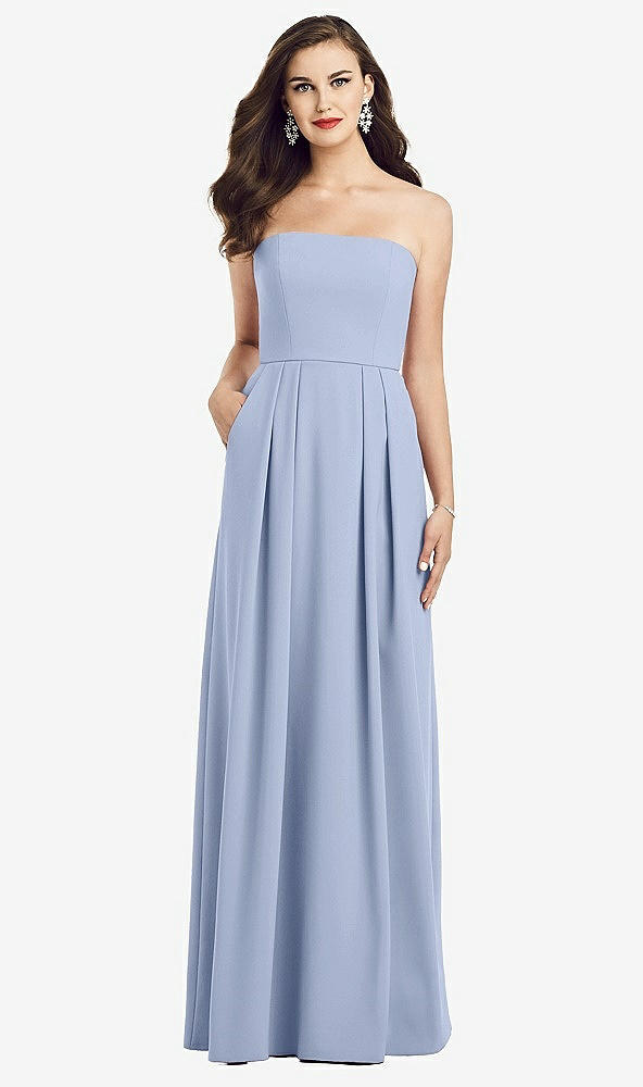Front View - Sky Blue Strapless Pleated Skirt Crepe Dress with Pockets