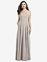 Front View Thumbnail - Taupe Strapless Pleated Skirt Crepe Dress with Pockets