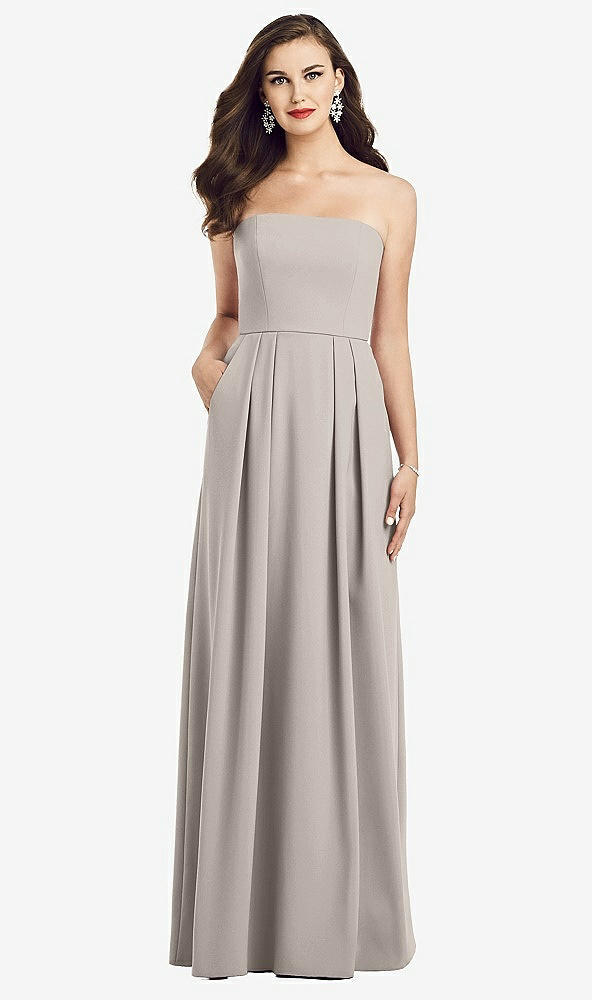 Front View - Taupe Strapless Pleated Skirt Crepe Dress with Pockets