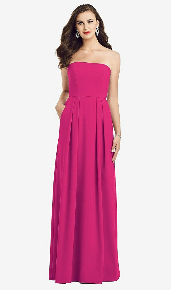 Front View - Think Pink Strapless Pleated Skirt Crepe Dress with Pockets