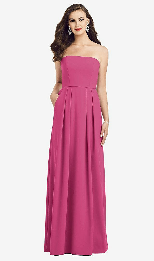 Front View - Tea Rose Strapless Pleated Skirt Crepe Dress with Pockets