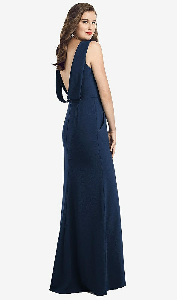 Front View - Midnight Navy Draped Backless Crepe Dress with Pockets