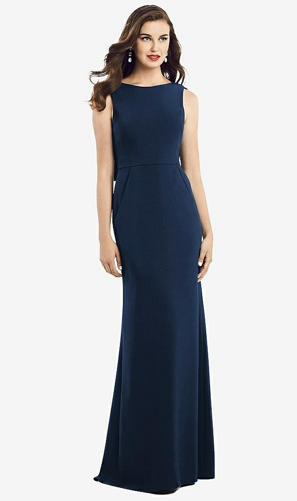 Back View - Midnight Navy Draped Backless Crepe Dress with Pockets