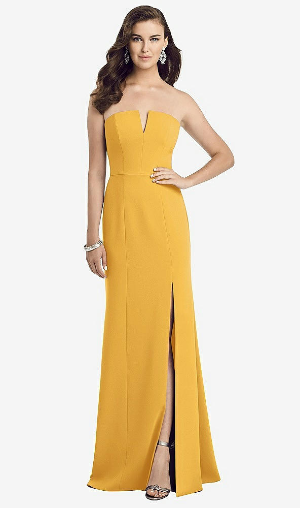 Front View - NYC Yellow Strapless Notch Crepe Gown with Front Slit