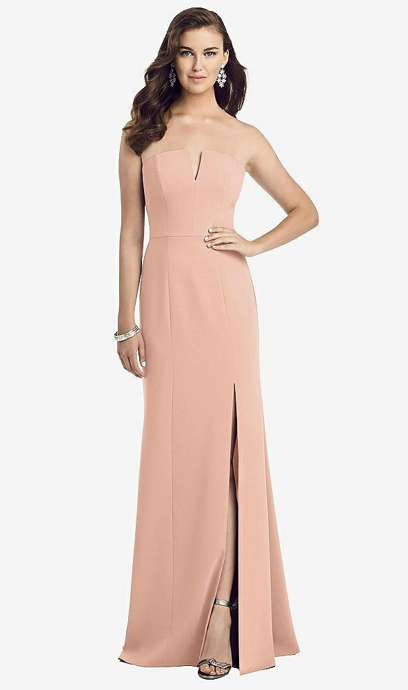 Front View - Pale Peach Strapless Notch Crepe Gown with Front Slit