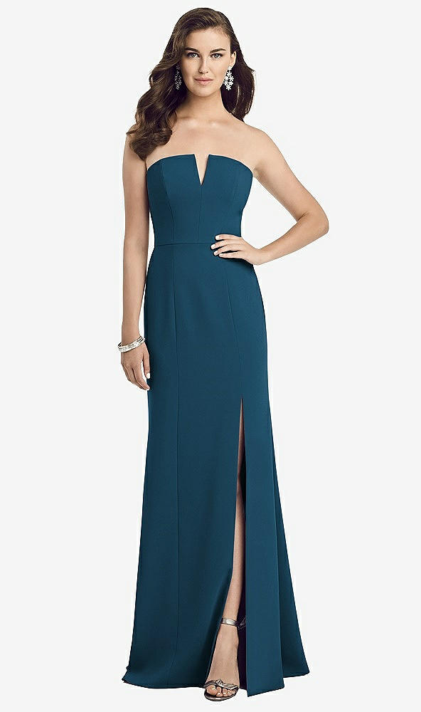 Front View - Atlantic Blue Strapless Notch Crepe Gown with Front Slit